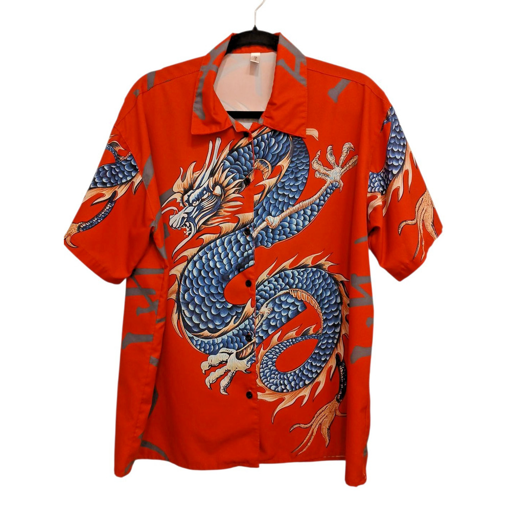 Vintage Hawaiian Japanese Dragon Tatoo Shirt Sz M Red Boxy Luau Party Tropical